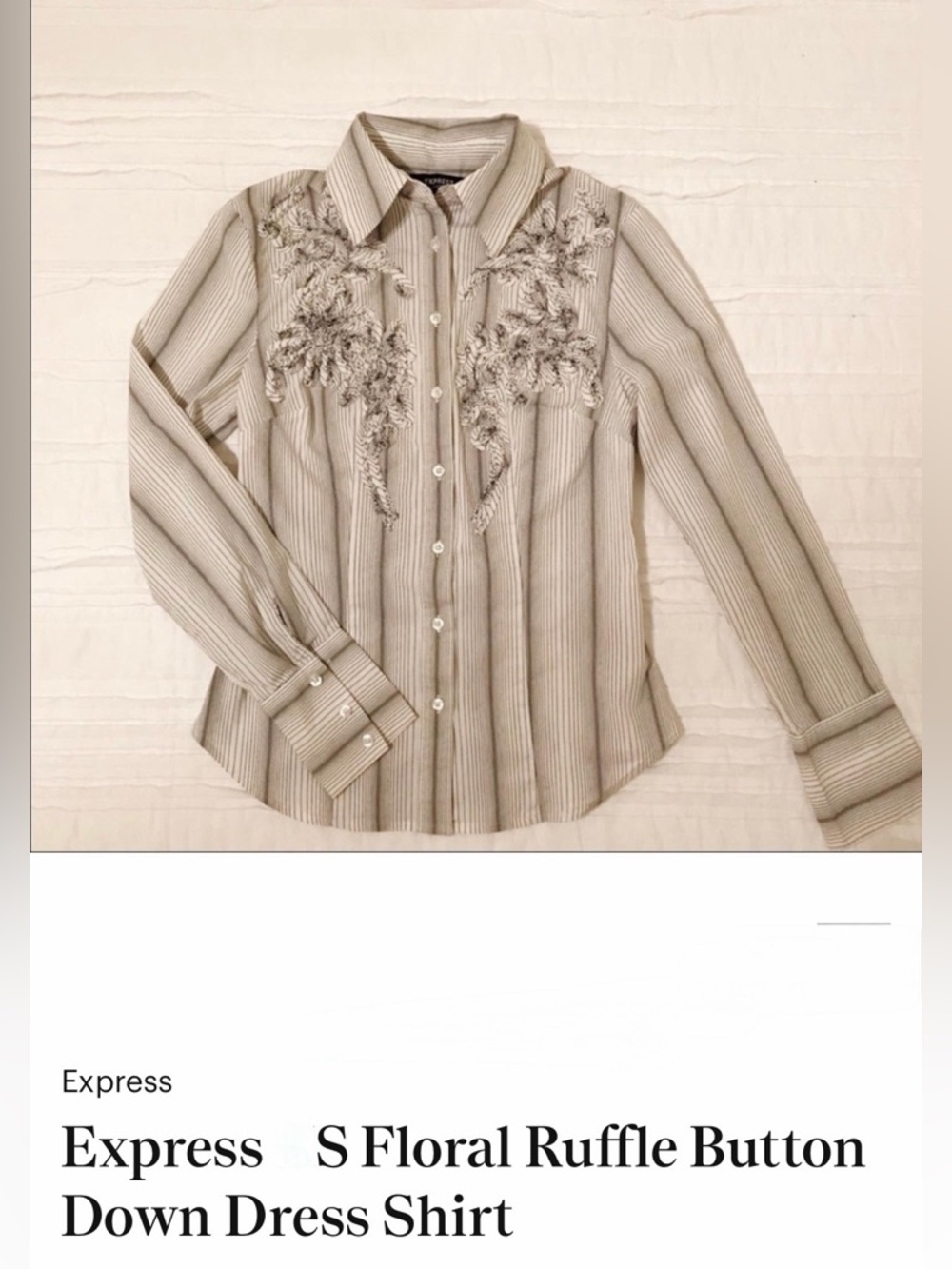 Express Embroidered Floral Ruffle Button-Up — Beige & Cream Stripes